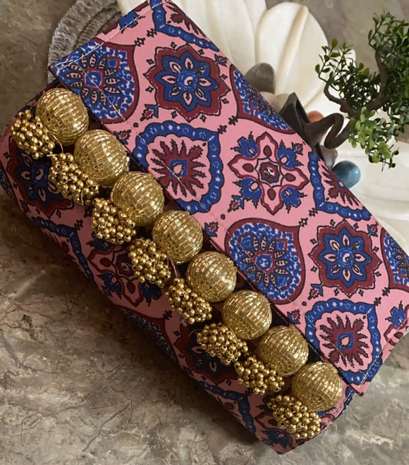 Pink and Blue combination  Printed Patola Clutch Bag with Golden Beads Embellishments  for Women -ARTO001PPB
