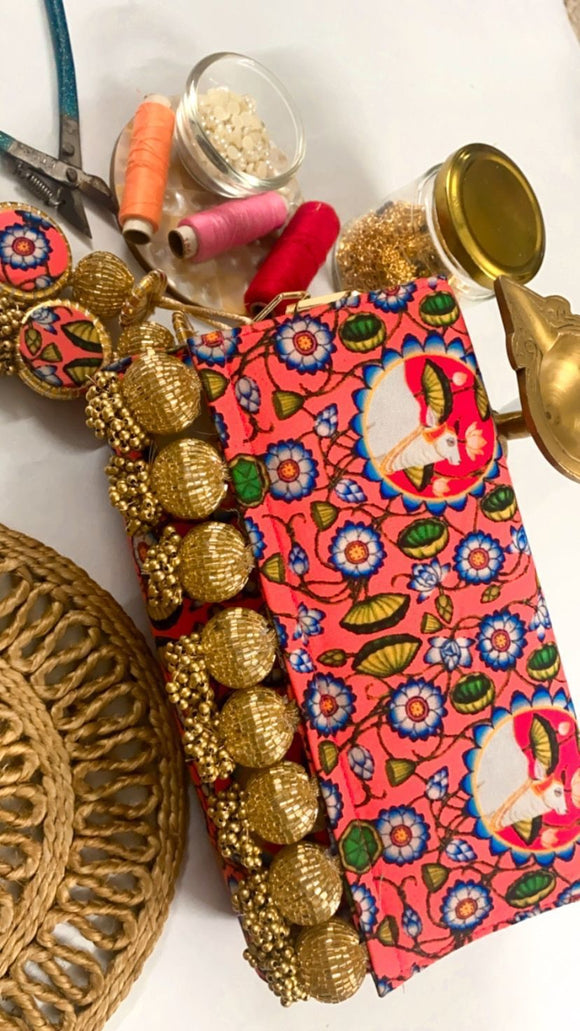 Designer Pichwai Printed Clutch Bag with Golden Beads Embellishments for  Women-ARTO001PCC