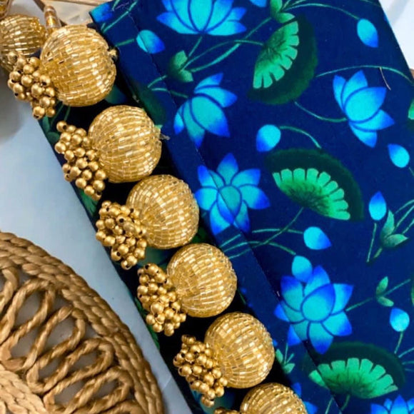 Blue Lotus Designer Pichwai Printed Clutch Bag with Golden Beads Embellishments for Women-ARTO001PCD
