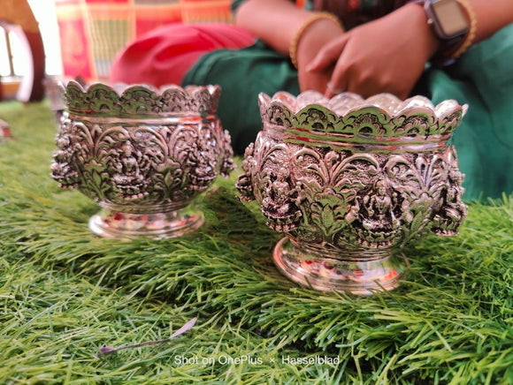 Mandakini ,Pair of 2  Antique German silver washable limited edition exclusive Asthalakshmi Design Big Size Prasadam Bowls-SILI001PBB