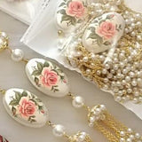 Rosa Rani, beautiful Pearl Chain with Hand painted Rose flowers design  brooch-LR001HB