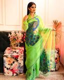 Soft organza saree with Peocock print all over come with handcrafted work and matching silk blouse-AMAZ001PO