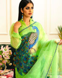 Soft organza saree with Peocock print all over come with handcrafted work and matching silk blouse-AMAZ001PO