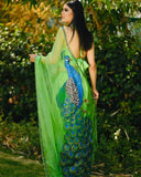 Soft organza saree with Peocock print all over come with handcrafted work and matching silk blouse-AMAZ001PO