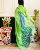 Soft organza saree with Peocock print all over come with handcrafted work and matching silk blouse-AMAZ001PO