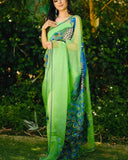 Soft organza saree with Peocock print all over come with handcrafted work and matching silk blouse-AMAZ001PO