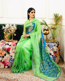 Soft organza saree with Peocock print all over come with handcrafted work and matching silk blouse-AMAZ001PO