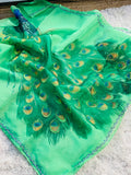 Soft organza saree with Peocock print all over come with handcrafted work and matching silk blouse-AMAZ001PO