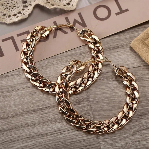 Gold Electroplated Cuban Link Chain Chunky Hoop Jumbo Earrings for Women-MOE001CE