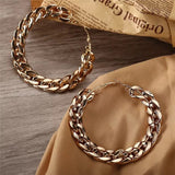 Gold Electroplated Cuban Link Chain Chunky Hoop Jumbo Earrings for Women-MOE001CE