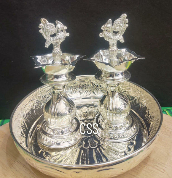 Panirmati , German silver peacock lamps with Design Plate-CZY001PS