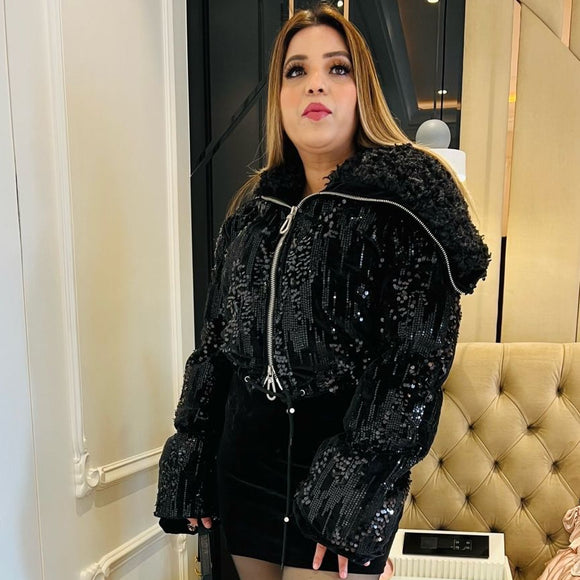 Heavy Sequins Jacket with Warm Fur Collar for Winter-SHIVAY001BFJ