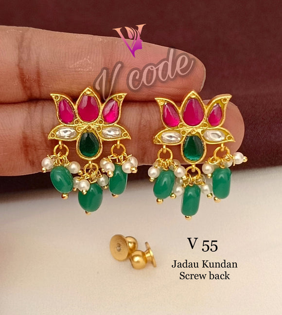 Kamalini , Gold finish Jadau Kundan Lotus  Earrings with back screw for women -Pal001BSEB
