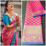 Pink and Blue Banarasi soft silk Saree-AMAZ001PB