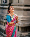 Pink and Blue Banarasi soft silk Saree-AMAZ001PB