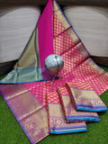 Pink and Blue Banarasi soft silk Saree-AMAZ001PB