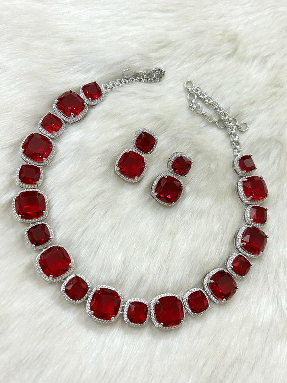 Abraxas Ruby , Cushion cut crystal color stone Zircon diamond single line statement necklace Set for Women-PAL001GNSDR