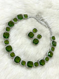 Abraxas Green , Cushion cut crystal color stone Zircon diamond single line statement necklace Set for Women-PAL001GNSD
