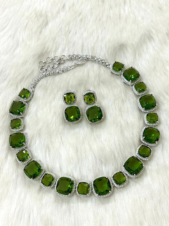 Abraxas Green , Cushion cut crystal color stone Zircon diamond single line statement necklace Set for Women-PAL001GNSD