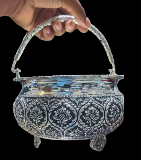 Manimala , German silver flower basket for Puja purpose-UYL001FB