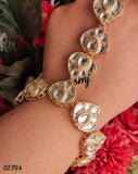 Beautiful gold plated dabi kundan paan shaped adjustable haath phool (ring bracelet) with adjustable ring -LR001HP