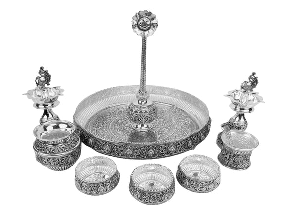 Jana Mohini ,  Full Set impressive  Antique German Silver washable Pooja Thali Combo-SILI001PTA
