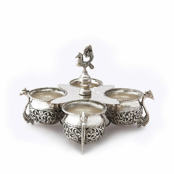Chempaka , Antique Finish German silver washable 4 Cup Panchwala with Swan legs with Peacock -SILI001PW