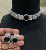 Fiona Emerald Green, elegant Platinum Finish Choker Necklace Set for Women-MOE001EG
