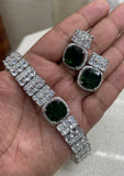 Fiona Emerald Green, elegant Platinum Finish Choker Necklace Set for Women-MOE001EG