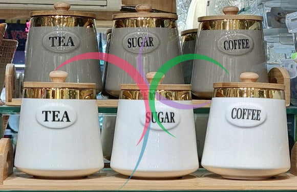 Stylish Tea Coffee & Sugar Jars with Wooden Base-PAL001SCTJ