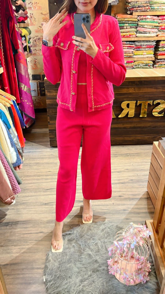 Design in love by shikha ,Pink Three piece Woolen coordinate Set for women-SHIVA001CS