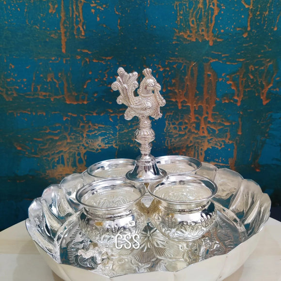 Silver Finish Lotus Mangala Harathi Plate with Peacock Panchwala -CZY001HPC