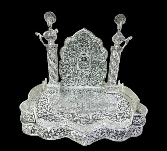 Mayur Singasan ,  Antique German Silver Washable Big Size  Heavy Gauge  Astalakshmi  Design  Simhasan with peacocks-SIGI001SS