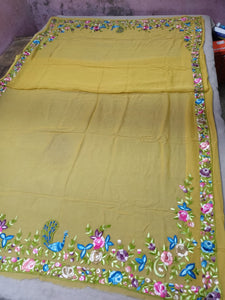 Yellow  shade Hand embroidered Parsi work Dupatta on Georgette Fabric-GARI001PWDY