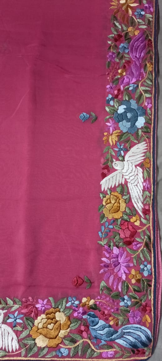Pink  shade Hand embroidered Parsi work Dupatta on Georgette Fabric-GARI001PWDP
