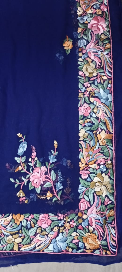 Blue shade Hand embroidered Parsi work Dupatta on Georgette Fabric-GARI001PWDBL