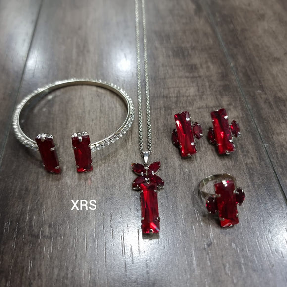 Baguette Combo consisting of a pair of earrings, ring, pendant, chain and bangle-RS001BCRR