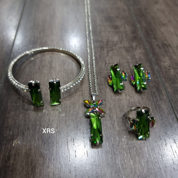 Baguette Combo consisting of a pair of earrings, ring, pendant, chain and bangle-RS001BCBGR