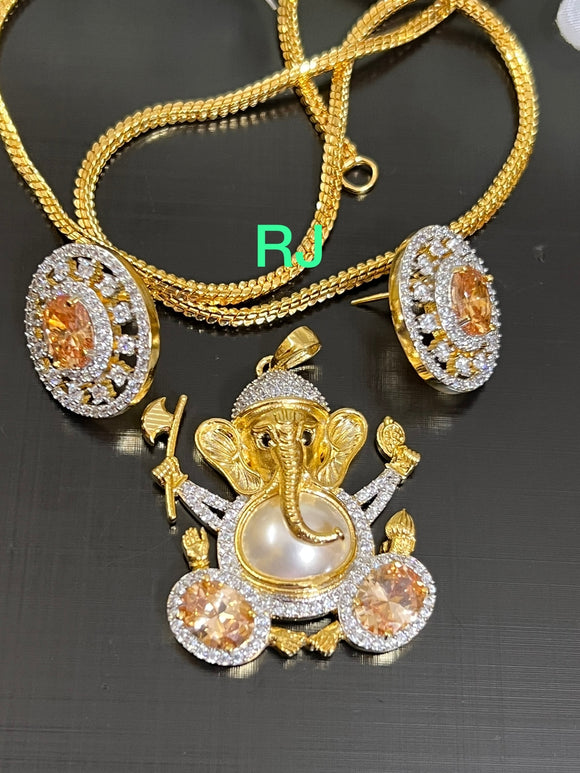 Yellow  Stone Studded Gold plated Ganesha pendant set with complimentary chain 21inch -LR001PCSY