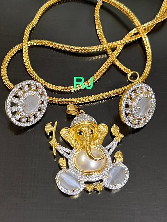 Grey  Stone Studded Gold plated Ganesha pendant set with complimentary chain 21inch -LR001PCSGRY