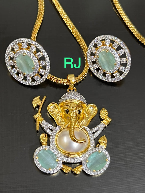 Pastel Green  Stone Studded Gold plated Ganesha pendant set with complimentary chain 21inch -LR001PCSPG