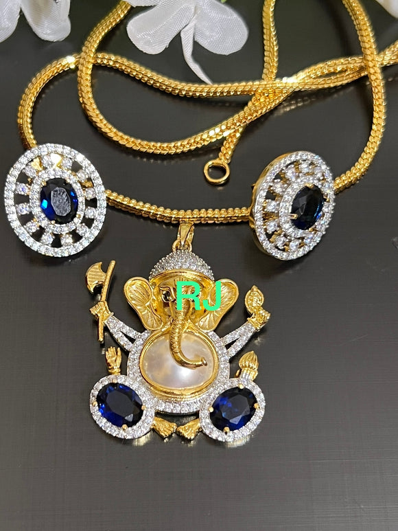 Deep Blue  Stone Studded Gold plated Ganesha pendant set with complimentary chain 21inch -LR001PCSDB