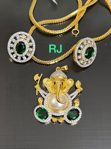 Deep Green Stone Studded Gold plated Ganesha pendant set with complimentary chain 21inch -LR001PCSDG