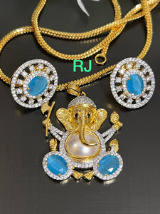 Sky Blue  Stone Studded Gold plated Ganesha pendant set with complimentary chain 21inch -LR001PCSSB