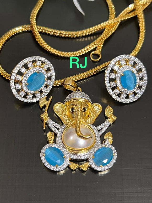 Sky Blue Stone Studded Gold plated Ganesha pendant set with