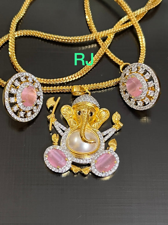 Pastel Pink  Stone Studded Gold plated Ganesha pendant set with complimentary chain 21inch -LR001PCSPP