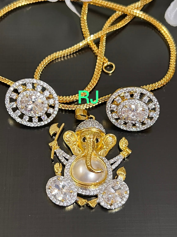 White  Stone Studded Gold plated Ganesha pendant set with complimentary chain 21inch -LR001PCSW