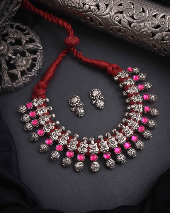 Veena , Premium Quality Oxidized  Silver Finish Thread Necklace Set for women-KARTIK001TNA