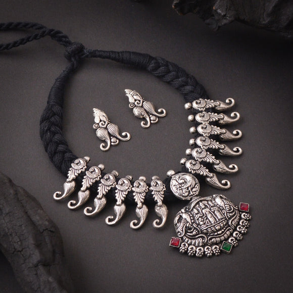 Manjima , Premium Quality Oxidized  Silver Finish Thread Necklace Set for women-KARTIK001TNC