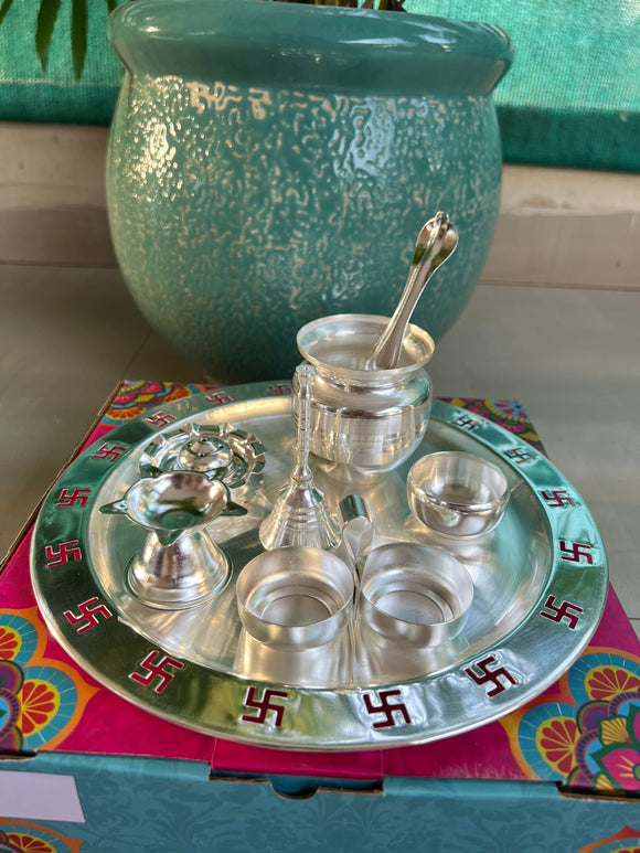 Swastik on border pooja thali set-GRIH001PTS